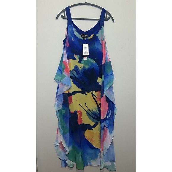 NEW Frank Lyman Blue Floral Chiffon Overlay Flowy Dress Cruise Beach Resort Sz L - Picture 2 of 15